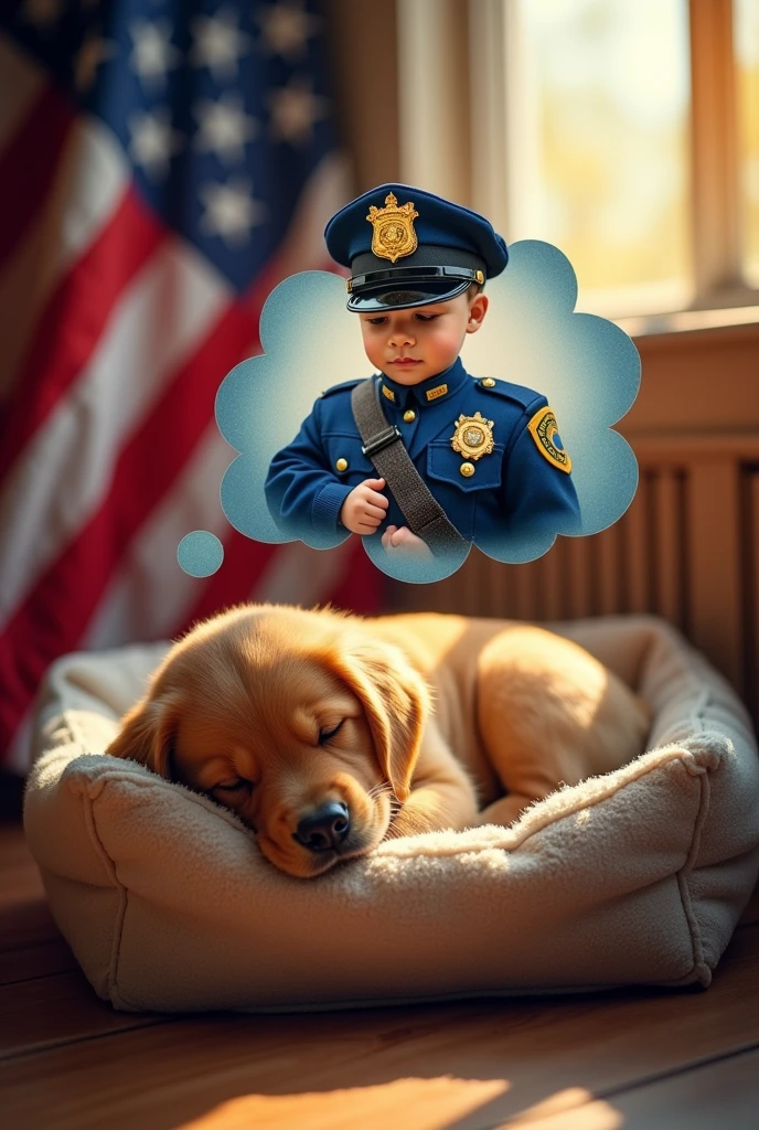 Make a dog dreaming of a police officer and the US flag in the background