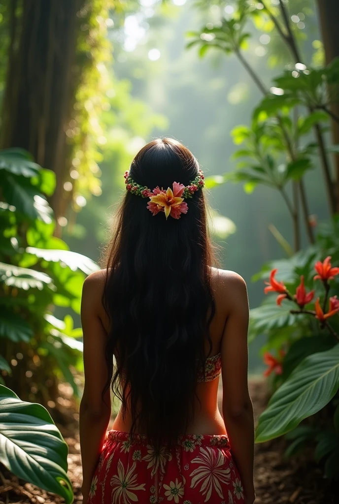 Polynesian woman seen from behind, long hair tied with a clip, against a jungle background