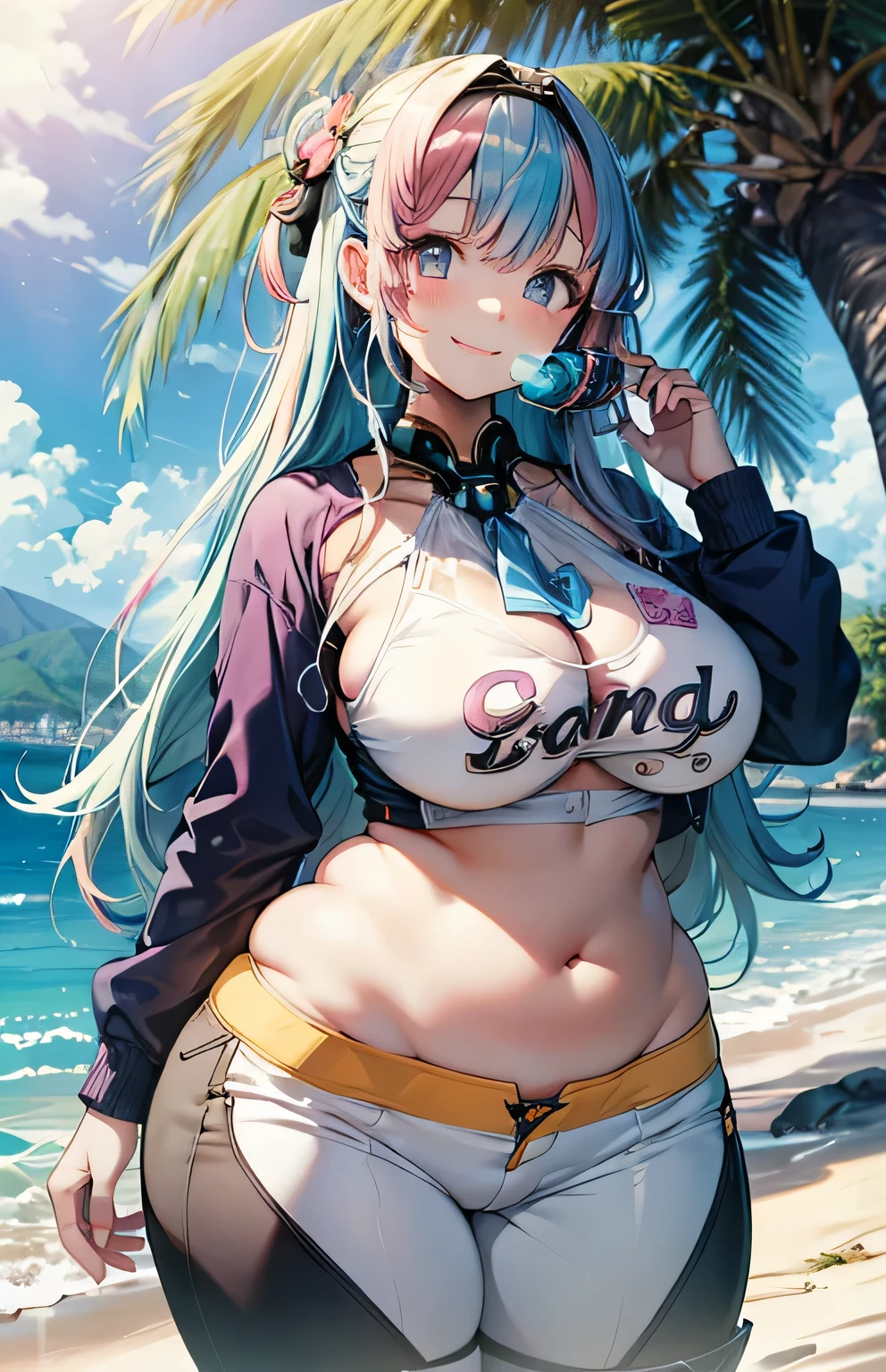 Anime illustration ((((AI)))) 、highest quality、A short and plump high school girl、bikini pants、Sandy Beach、Perfect proportions、overwhelmingly big breasts、Beautiful, shining eyes、Blushed、smile、Cowboy Shot, (BIKINI PANTS) (((PINK HAIR)))