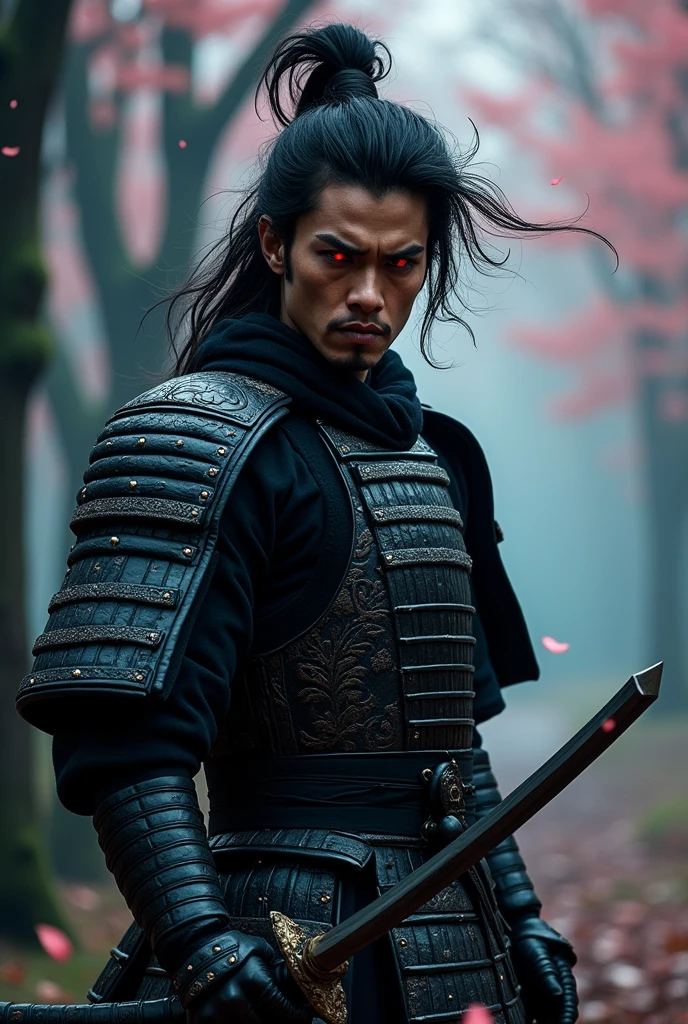 black samurai, messy black hair, red eyes