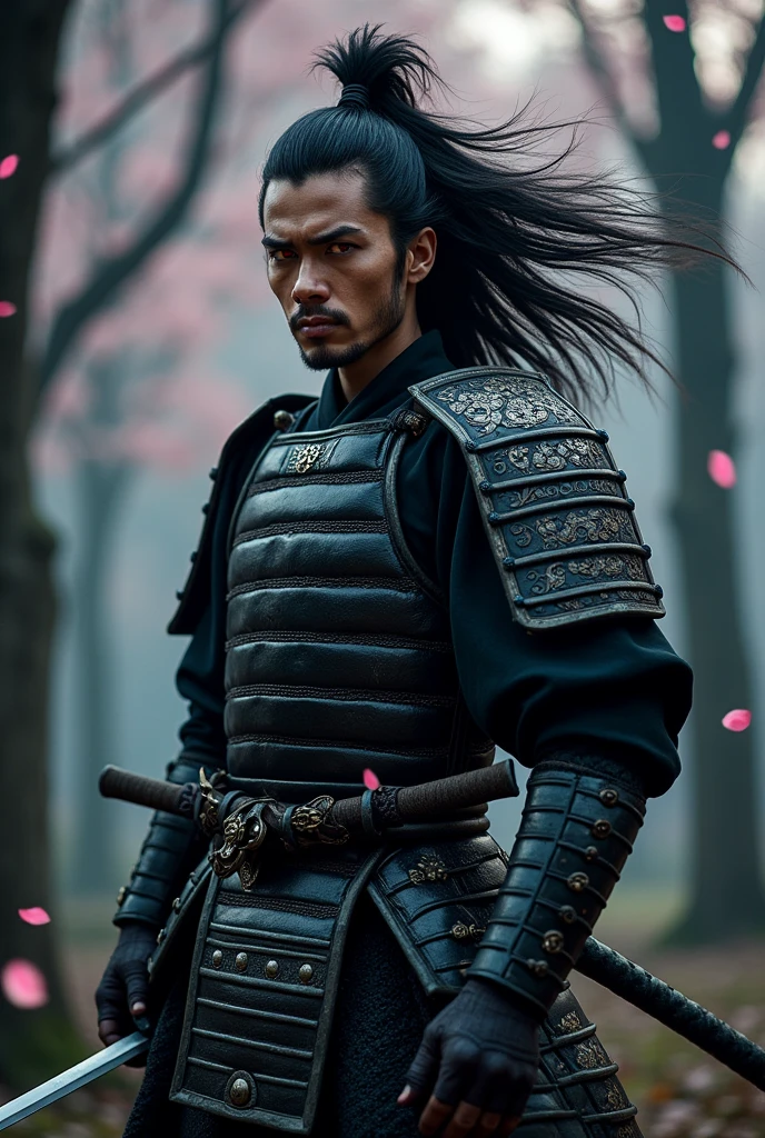 black samurai, messy black hair, red eyes