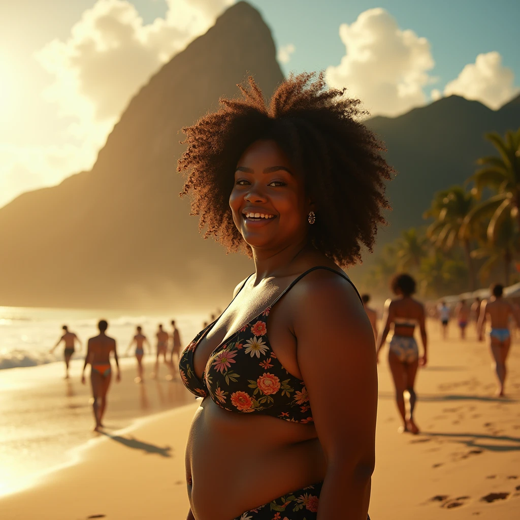black female, big-ass, curly hair, sexly, 8k, hyperrealisti, carioca beach, sugar loaf, Rio de Janeiro, hot weather, floor, sweat, temptation, suspense, seduction, Glow Up, light saturation.