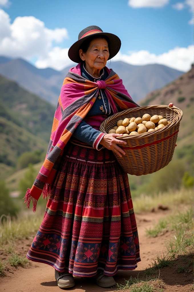 Old cholita carrying potatoes in a basket