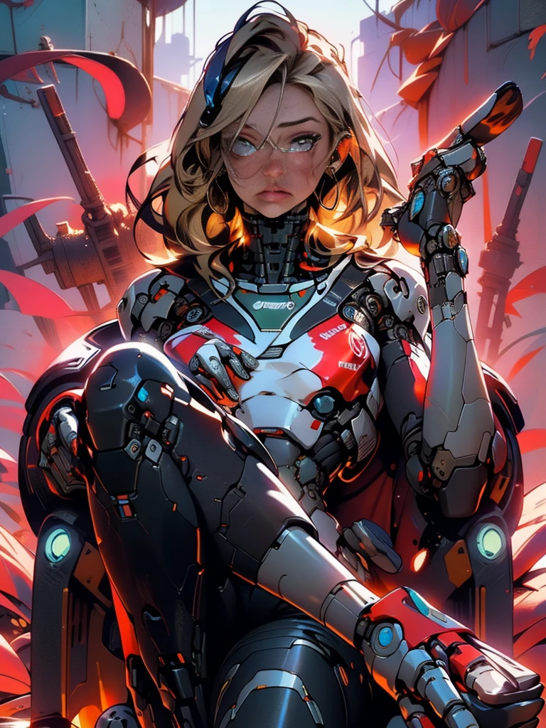 high qualiy, 4K, work of art, comely, cyborg Kizi, cowboy shot, dull eyes, verso, turning to look at the viewer, long blonde hair, Kizi, breasts small, thigh fit, robotic arms, robotic body, cyborg body, yellow accent, editor, intricate-detail, articulation, detailed lines, robotic detail, holding your fist up, holding hand as fist, colorful robotic parts, robotic parts with color, perfect toes, on a desert planet, sunny background, colorful desert, a river in the background