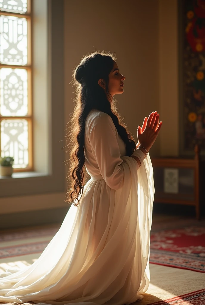 An indian beautiful young women wearing white punjabi top and bottom with long thick black hair braided upto her waist and her head covered with veil praying to God on her knees with her hands praising God