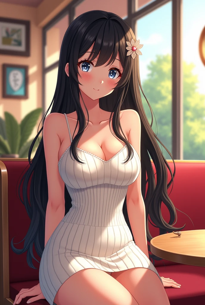 Anime, beautiful girl, big breasts, slim body, wide hips, sleeveless sundress, waistband right under boobs, long black hair, hair ornament, vivid colours, knitted dress, portrait, sitting in cafe, white dress, ultra detailed light