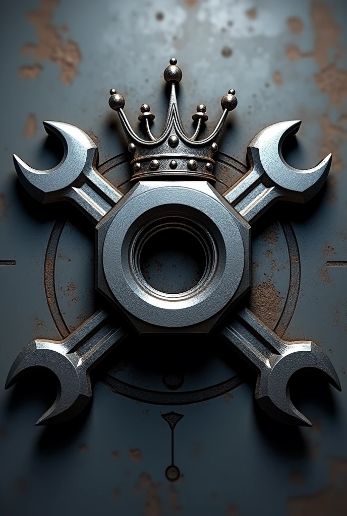 Make a logo for an automotive workshop with a nut and a crown on top with two allen keys in the center and call it ReparAuto 