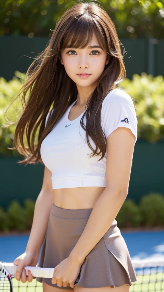 masterpiece, Highest quality, Very detailed, High resolution, (Realistic, photoRealistic:1.37), Excellent anatomy, One beautiful woman,18-year-old,tennis Club,Knee-deep shots,Focus on the skirt and thighs.,A small smile,Play Tennis,Tennis Wear, (shape), Ultra short micro mini skirt, ((Very delicate and beautiful)), (Bokeh, Blurred outdoor background), Brown Hair, Long Hair, bangs,Very beautiful face, Cute type, ,Big Natural Color Lip, Big and pretty eyes, Brown eyes, Obvious double, Small and cute nose, Brown eyes, Shiny highlight spots around the eyes, Character Focus, Tilt your head, The best light, Best Shadow, mysterious, Perfect Face, Very detailed, Soft Skin, (Glowing Skin, Sweaty: 1.2)'Beautiful feet, Voluptuous thighs, Plump body, Huge breasts, (Expresses the roundness and softness of the chest area.........1), Beautiful body, (The perfect woman),