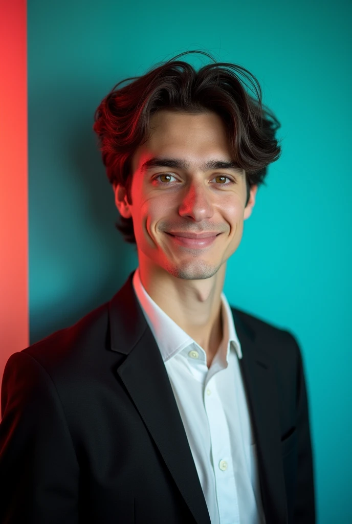 A young man with dark hair and a confident smile. He is dressed in a black blazer over a white shirt. The man is positioned against aqua colour backdrop with a subtle red lighting on the left side. and he posing for LinkedIn profile
