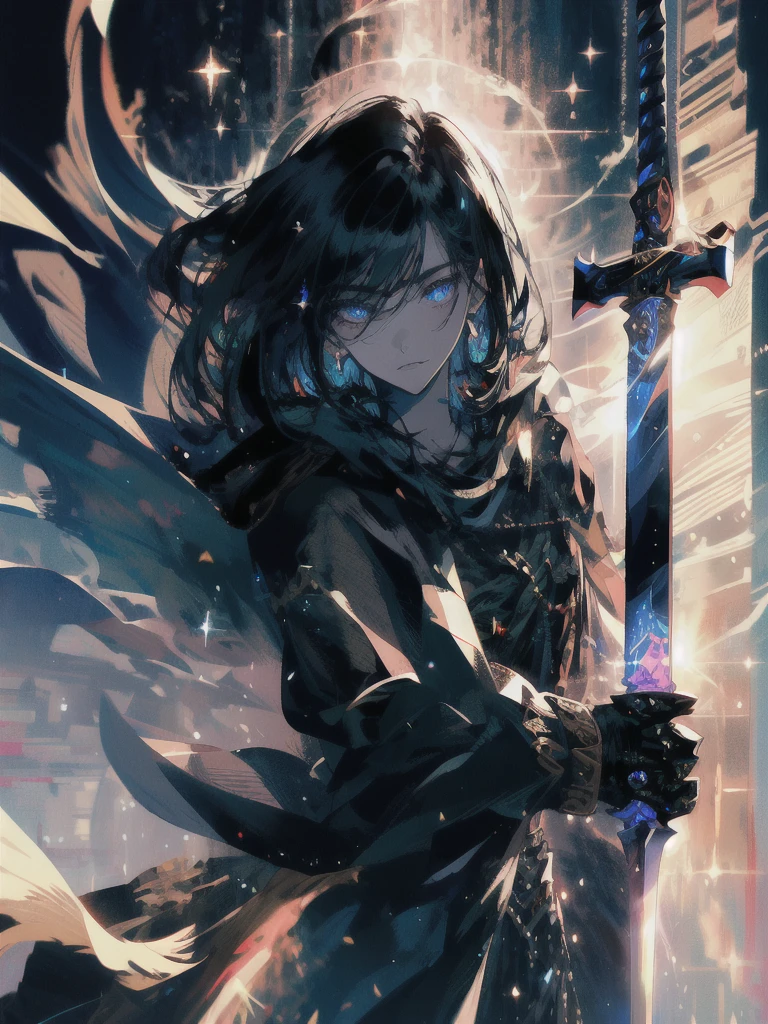 Holding a one-handed sword、Please take the black sword.、((masterpiece, highest quality, Super detailed, High resolution)), alone, beautiful girl, shining eyes, perfect eyes, , black white gold theme,