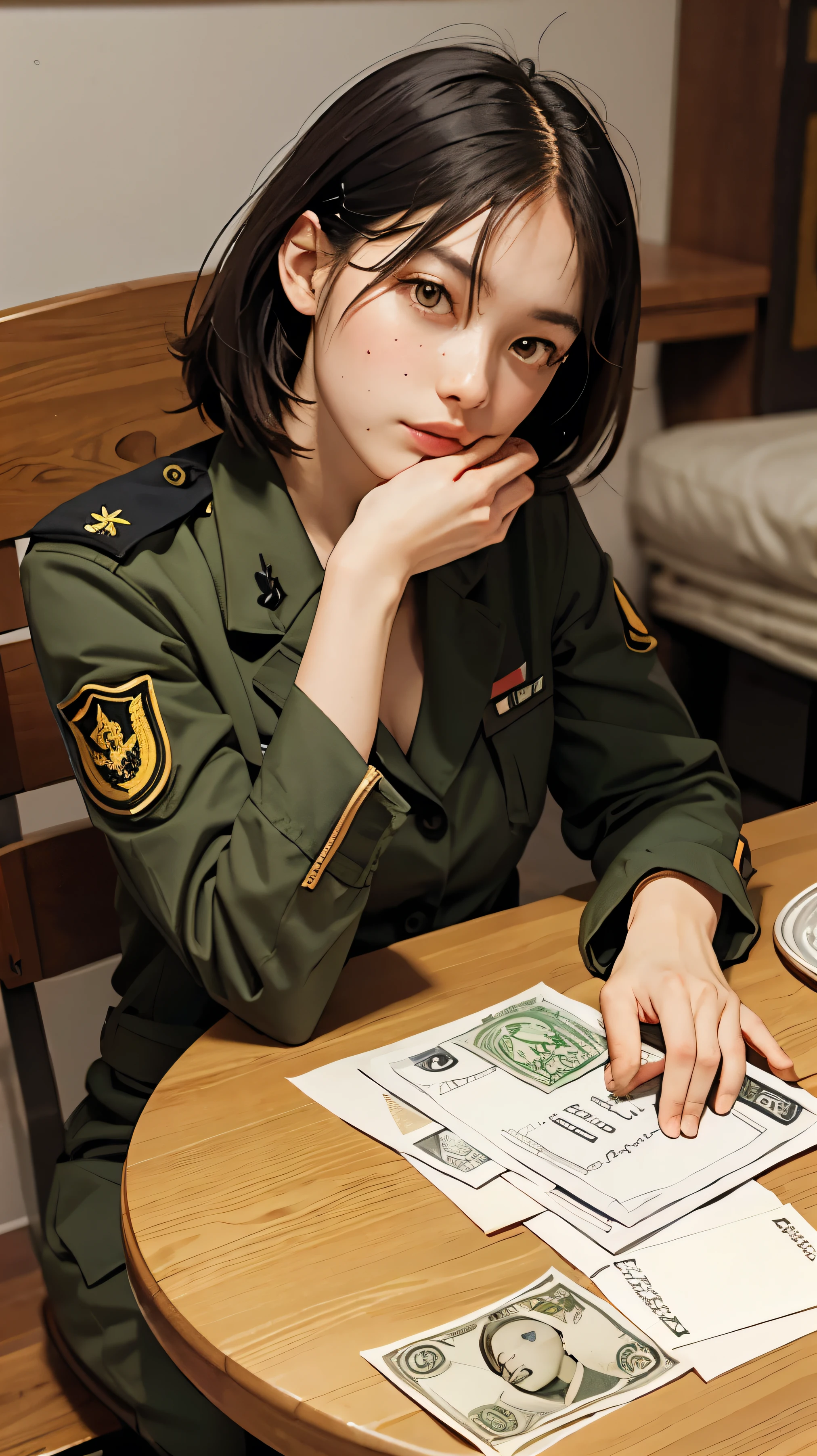 counting money, Female Soldier, table, sitting