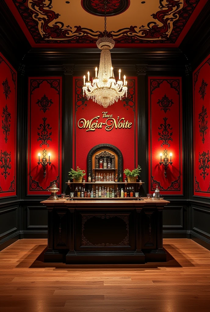 Inside the large theater stage A large 18th century rustic bar with antique red and black details, the counter located in the middle, a large antique sideboard from the 18th century and the name "midnight bar" in brazilian portuguese. two tables, left and right. An imperial chandelier in the center. Red wallpaper with black designs.