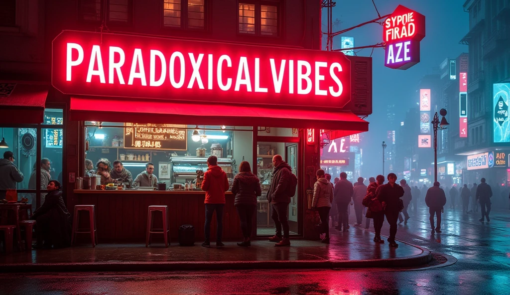 The words "paradoxicalvibes" written in large letters at the top of the coffee house outside, ((highest quality, Highest image quality, High resolution, photorealistic, Raw photo, 8K)), ((8k wallpaper)), like cyberpunk