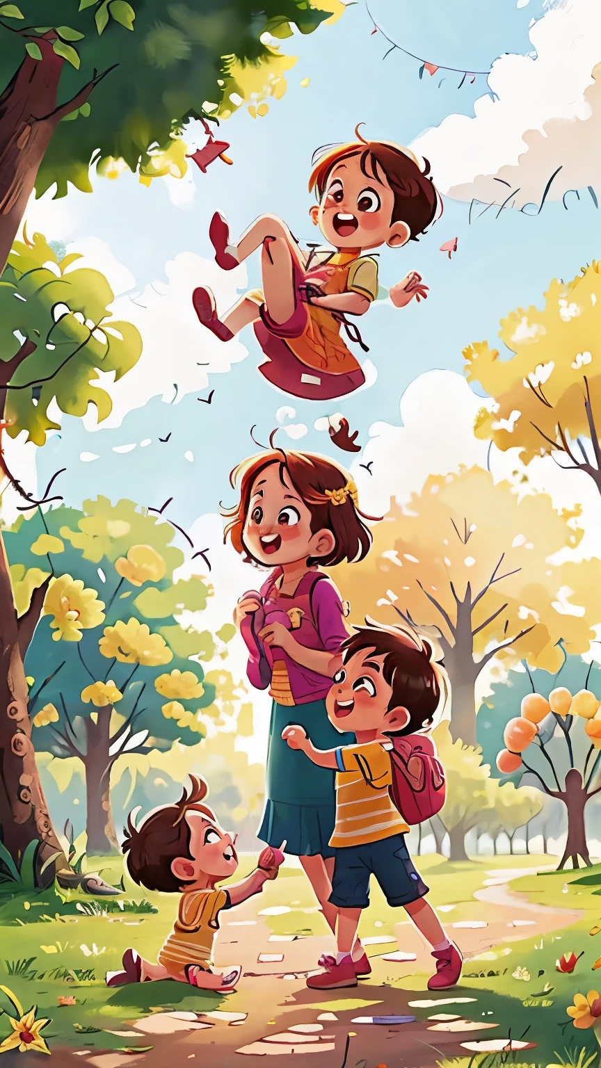 mother, daughter, son playing happily in the park