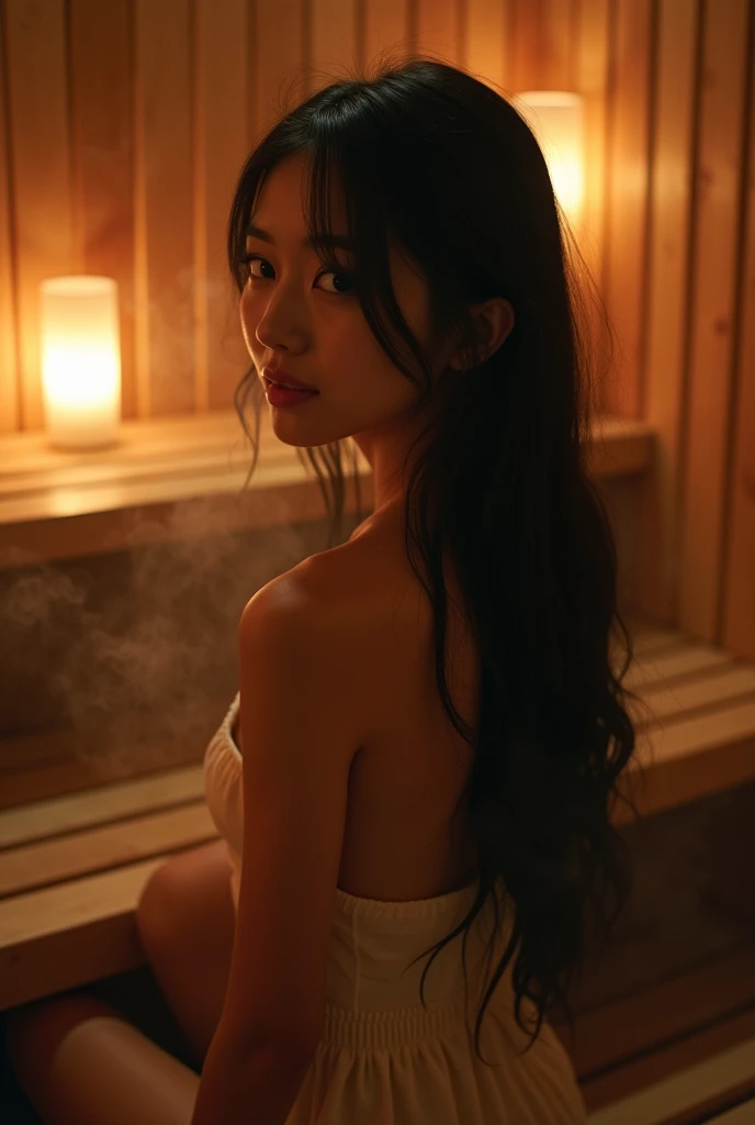 A girl, long straight black hair, big black eyes, naked, in the sauna