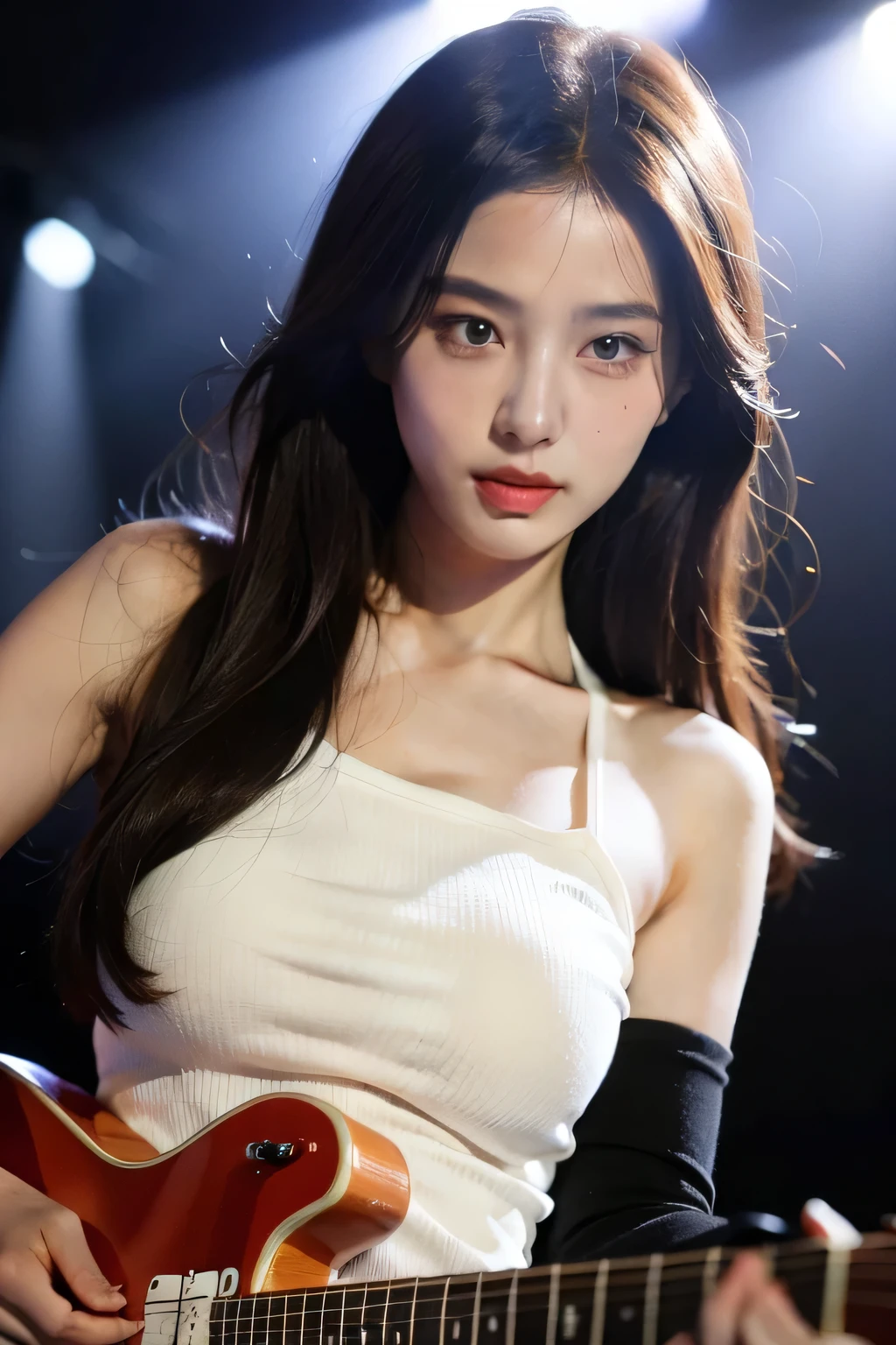 individual,young girl,23 years old, (( esports players)),fine hair, Detailed faces, full的身材,long hair,full, Short hair details, sit down,Short hot pants, Small red vest,Look up