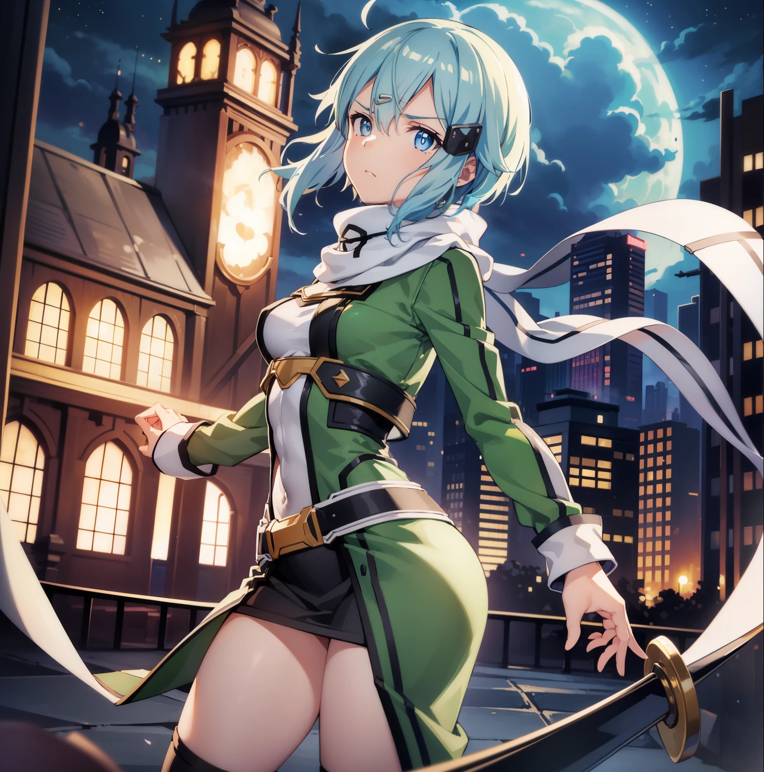 ((1girl)),((alone)),sinon asada, (sword art online),(masterpiece), (best quality), (ultra detailed), (best illustration), (best shadow), (absurdities), sharp focus, cowboy shot, atmospheric perspective, depth of field, dynamic posture looking at viewer, medium breasts, narrow waist, wide hips, wide thighs, round butt, erotic, romantic, (very detailed eyes, 1.1 lips), very detailed, eyes, Very detailed face, Very beautiful face, Symmetrical face, Aesthetic face, perfect face, perfect eyes, detailed eyelashes: 1.5), full height, beautiful slim figure, femininity, expressive appearance, elastic medium breasts, sexuality, half-open lips ,scarf, short hair, pale blue hair, indigo eyes, hair ornament, hair clip, sweater dress: 1.5, green sweater dress: 1.4, ribbed sweater: 1.2, bare arms: 1.3, bare legs: 1.3, heels black:1.3 ,curves, defined body,Perfect and beautiful body, perfect and beautiful, closed mouth, serious expression, frowning face, (sexy pose: 1.2), ((solo)), standing: 1.3,((outdoor, cityscape, streets, city,night,city lights)),looking forward,((focus on waist)), point of view:(from below), perfect anatomy, perfect hands