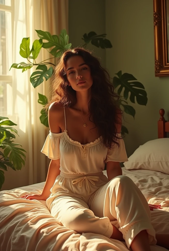 (photorealism:1.2), beautiful woman, sitting on bed, wearing loose off-shoulder top, pajama pants, long curly hair, indoors, soft lighting, plants in background, window with sunlight, cozy room, relaxed pose, realistic, intricate details, warm colors, by Greg Rutkowski, by Alphonse Mucha