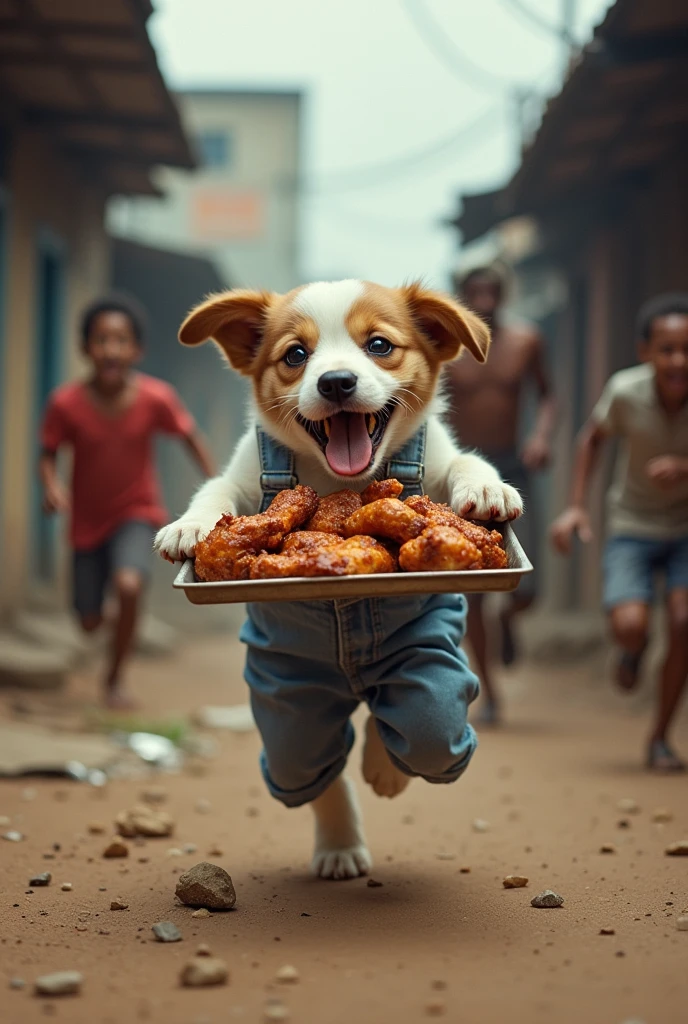 {
"prompt": "1. A brown and white puppy in denim overalls is running through a crowded slum area. 2. The puppy is holding a tray of grilled chicken. 3. Several vendors are chasing the puppy, shouting angrily. 4. The slum is shown with narrow alleys and makeshift structures. 5. Wind effects and motion blur emphasize the fast movement.",
"aspect_ratio": "9:16"
}
```⬤