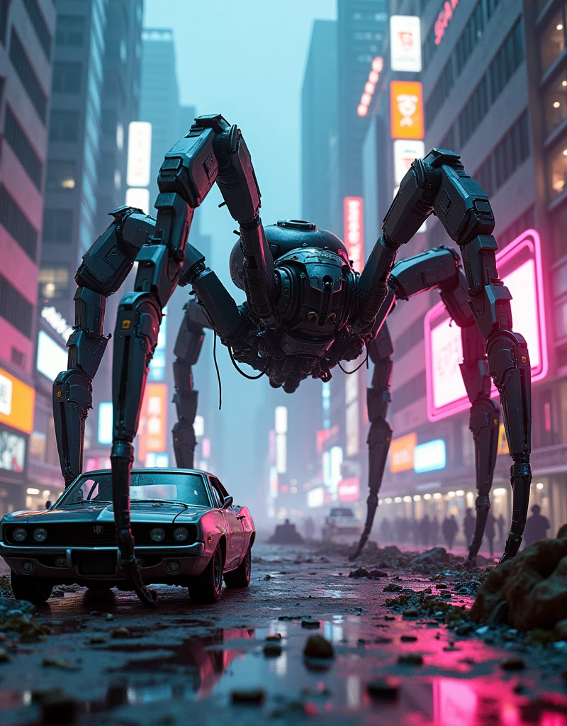 a photorealistic giant cyberpunk style mechanical metal spider sinking one of its legs into a parked vehicle, HD 4k high definition ultra realistic dynamic hyper realistic oled, Vibrant, subsurface dispersion, amazing fine detail, in a post-apocalyptic war game in the middle of a cyberpunk city of tall skyscrapers and neon advertising lights.