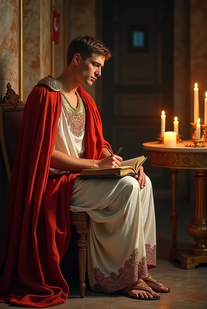 Side view, looking book, 1 male , Roman Emperor Tiberius, 4 BC, He is 38 years old, (Light brown hair, Short Hair, permanent hair, Brown eyes, Severe) , (wearing White an ancient Roman imperial ionic tunic:1.5), (Red Cloak put on shoulder:1.3), (Put a red cape over your shoulders:1.3), Sandals, At the Palace), Island of Rhodes palace, Sit down, Writing a book, night, Textured skin , HI Detail Skin, (Shorthand, Canon, 8k, Anatomically correct, Super Detail, Attention to detail, Your Highness,