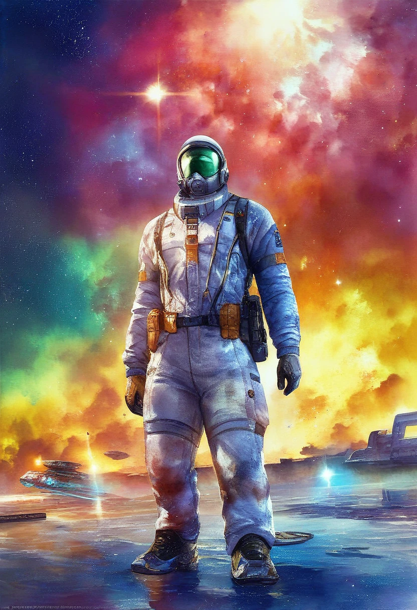 (masterpiece, top quality, best quality, extreme detailed, highest detailed, official art, beautiful and aesthetic:1.2), colorful, cowboy shot, beautiful face, solo, perfect body, 1girl, in space, spacecraft, spacesuit, sun rays, indoors, (wires and cables:1.1), (science fiction:1.2), porthole, illuminator, stars,fantasy, high contrast, ink strokes, explosions, over exposure, purple and red tone impression , abstract, ((watercolor painting by John Berkey and Jeremy Mann )) brush strokes, negative space,