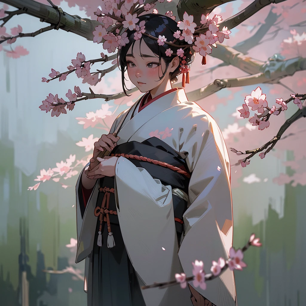 a shinto priest in the ancient japanese countryside, detailed intricate kimono, beautiful detailed face and eyes, serene expression, standing in a misty forest with sakura blossoms, (best quality,4k,8k,highres,masterpiece:1.2),ultra-detailed,(realistic,photorealistic,photo-realistic:1.37),detailed environment, vibrant colors, natural lighting, cinematic composition