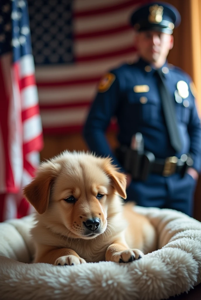 Make a little dog dreaming of a police officer who is an adult and in the background the US flag 