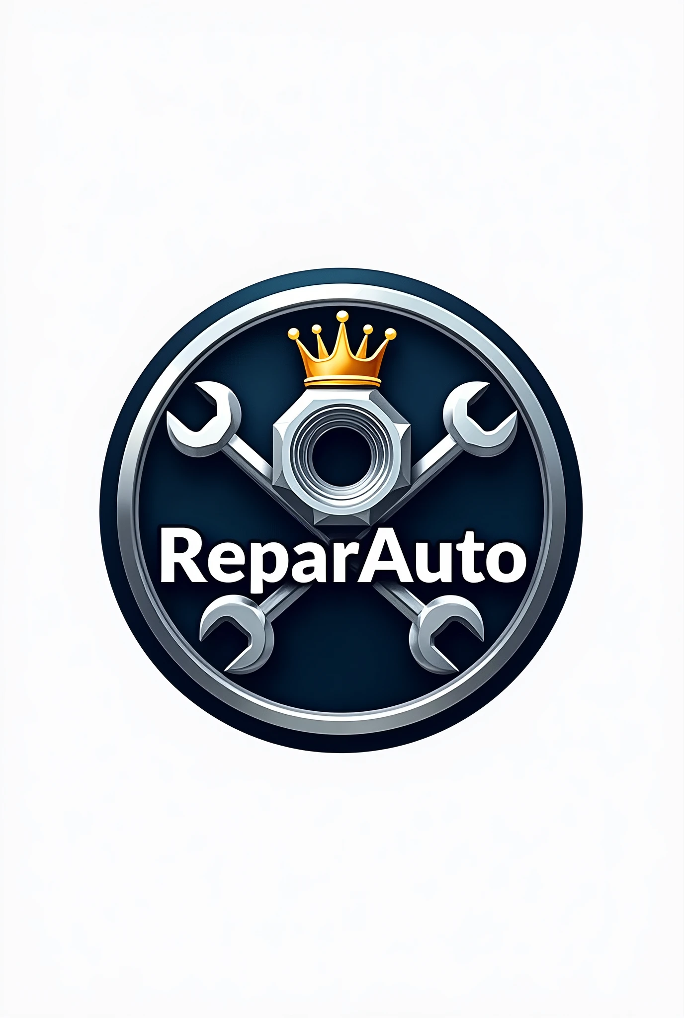 Make a logo for an automotive workshop with a nut and a crown on top with two allen keys in the center and call it ReparAuto 