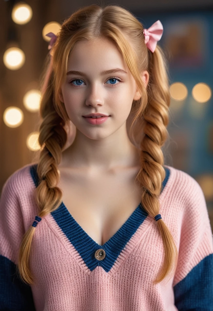 A young lady rs, with long strawberry blonde hair, wavy hair, tied in two pigtails. She is wearing a pink sweater, with blue jeans. Looking directly into the camera. She has tan skin and braces, constricted pupils, parted lips, large breasts, perfect lips, perfect nose, cute face, Hyperrealism, cinematic lighting, jpeg artifacts, bust chart, close-up view, bokeh, textured skin, UHD, best quality, masterpiece, high details