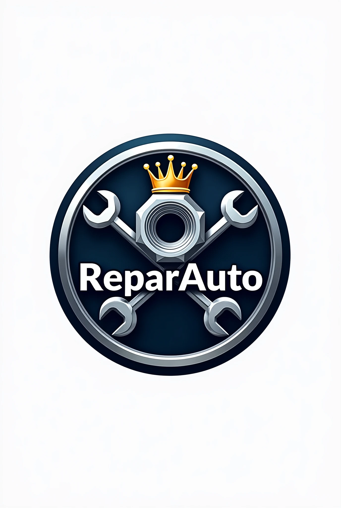 Make a logo for an automotive workshop with a nut and a crown on top with two allen keys in the center and call it ReparAuto