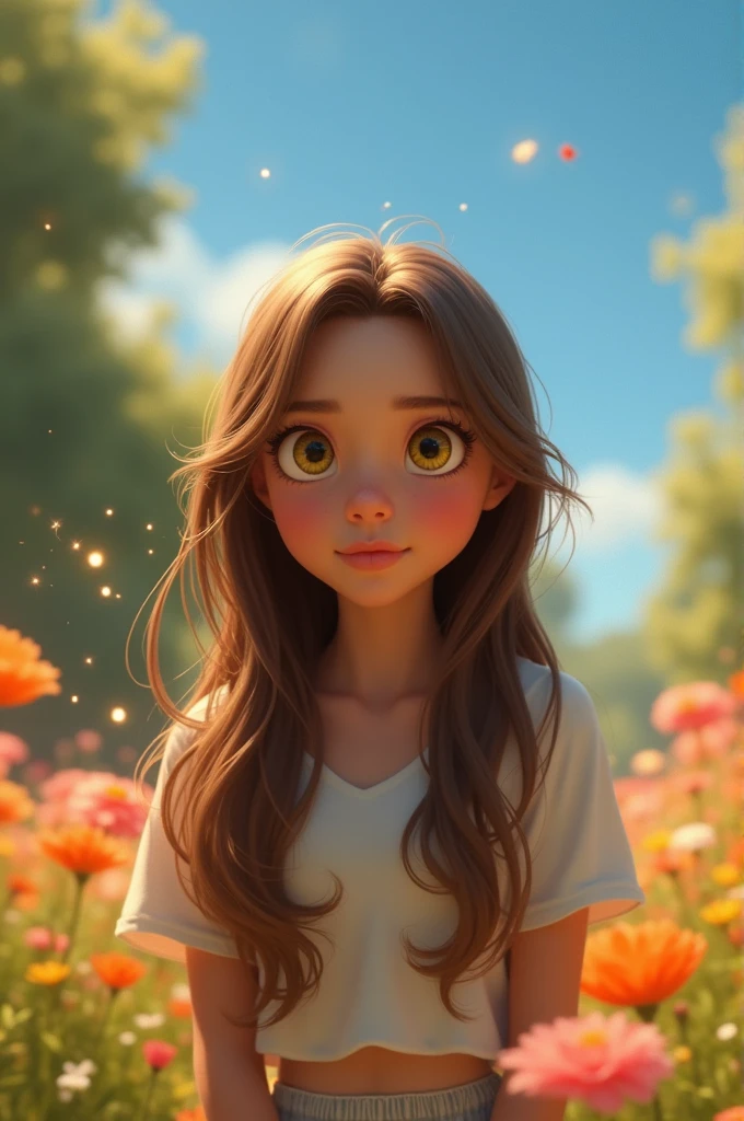 She opened her eyes slowly, feeling a little disoriented. The character has long, straight, and untidy brown hair. She has soft, delicate facial features, with bright, expressive yellow eyes that reflect a serene and thoughtful expression. Her skin is fair and she is beautiful, do it in the Disney Pixar style. Make it in 9:16 format