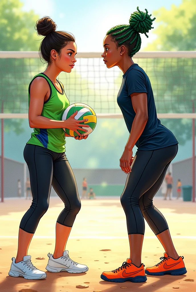 A detailed watercolour illustration of two female Brazilian volleyball players facing each other at the net. The first player has fair skin, dark brown hair tied in a bun, wearing a green tank top with blue accents, short black leggings, and white sneakers. She is holding a volleyball and gazing intently at the second player. The second player has light brown skin, green braids tied in a bun, wearing a short-sleeved black t-shirt, black leggings, and orange basketball shoes. Both players are clearly female, with athletic builds, standing on a volleyball court with a net between them, in a warm, softly lit environment.