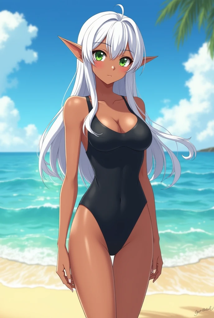 Anime girl with brown skin, green eyes, white hair and elf ears wearing a tall adult black swimsuit