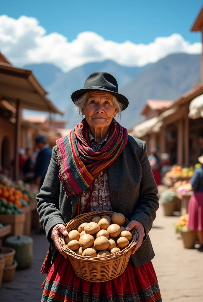 Old cholita from La Paz carrying potatoes in a basket
