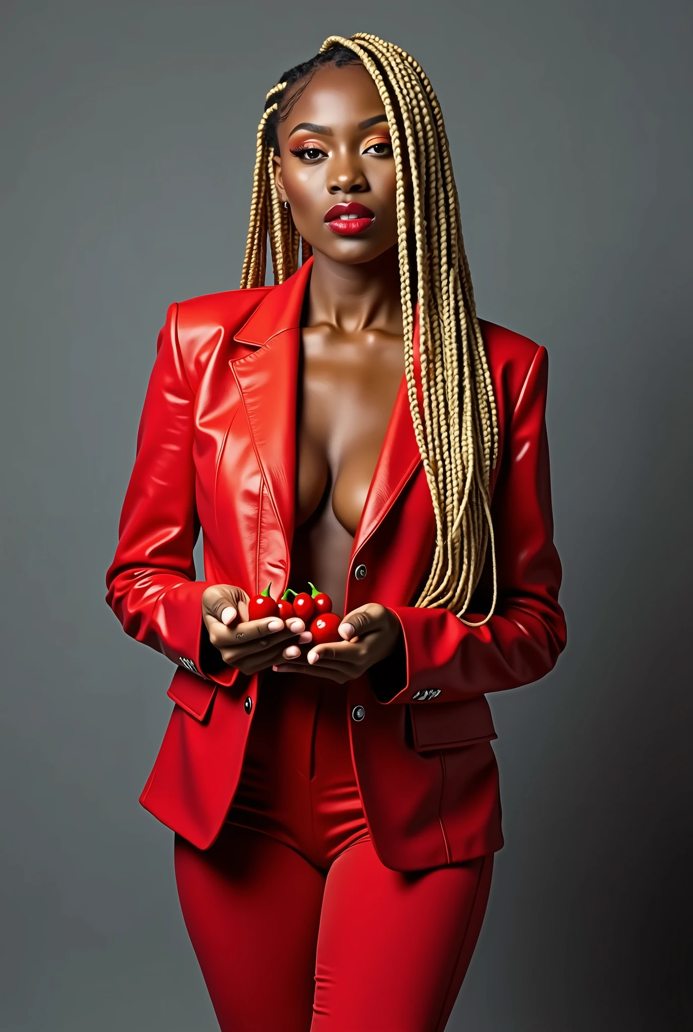 Je veux une photo d’une mannequin métisse, (africain et européen) who poses in a studio with gray background. She is dressed in a red leather blazer and red tights.. Elle a dans les mains des piments rouges. She's got red lipstick. She also has lots of blonde braids in her hair..