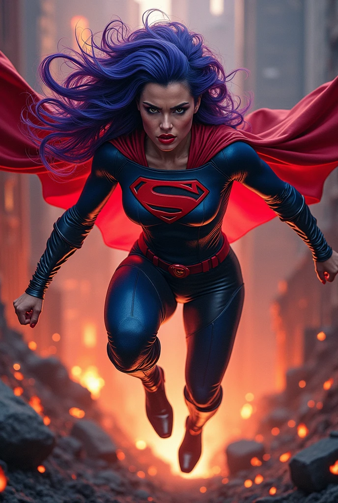 A beautiful super powered villainess with purple and blue hair and glossy red lips. Her eyes are emanating red energy with barely contained power and rage. She is wearing a skintight blue and black full sleeve microdress and black mid calf high boots. Floating over the still burning ruins of the Hall of Justice. She is strangling Superman with her bare hands.