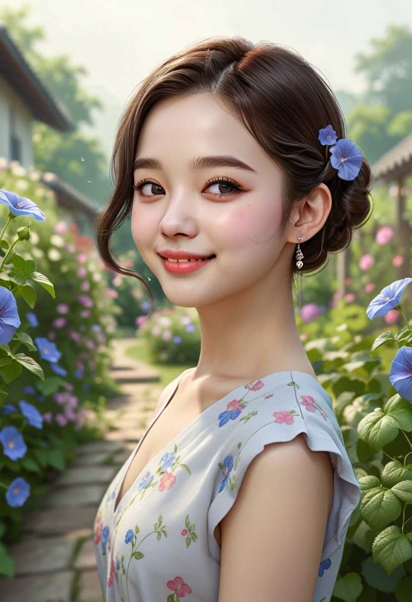 Photorealistic、Little(smile、hairpin、A hairstyle that reveals a large forehead、A hairstyle parted in the middle、No sleeve)、Taking a walk through a garden where morning glories are blooming.、Morning Dew