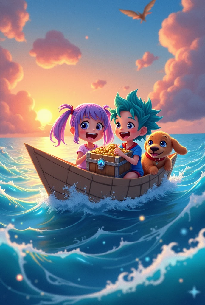 Two  on a paper boat, They carry a treasure, A dog accompanies them, anime style, very colorful 