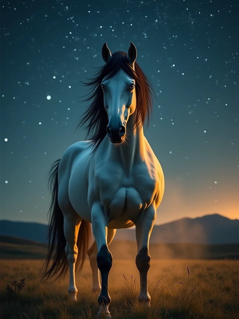 4 k image, super realistico, picture-perfect, white man centaur, half man, half horse, the color of the horse part is brown, brawny, wearing no shirt, imponent pose, Bblack hair, blue colored eyes, Camera view from below, Face looking at the camera, serious look, 30 years old man, ((big muscles)), perfectbody, ((centaur's breath vapor)), half open mouth, Very starry night, yellow light coming from below, flat land, open pasture