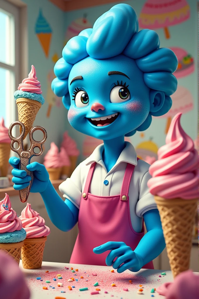 Homme bleu adore les glaces et les ciseaux