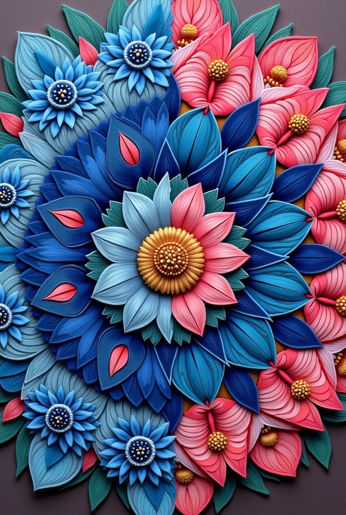 Mandala type, I want a sketch of blue pink flowers or some nice proposal to embroider with wool and by hand and half of it colored and the other half to follow the coloring only drawn on a square fabric, that the base is a nice color but by no means black And that in the center it says:
Guillermo and Juana Cargonte In honor of the Virgin of the Snows of Umamarca and finally say: Rdo. Sachi Mady Quispe Chipana 