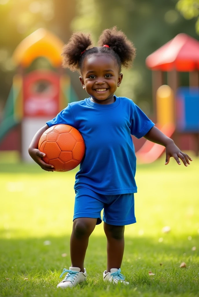 3yrs old African girl kid carrying football wearing a royal blue shot and top