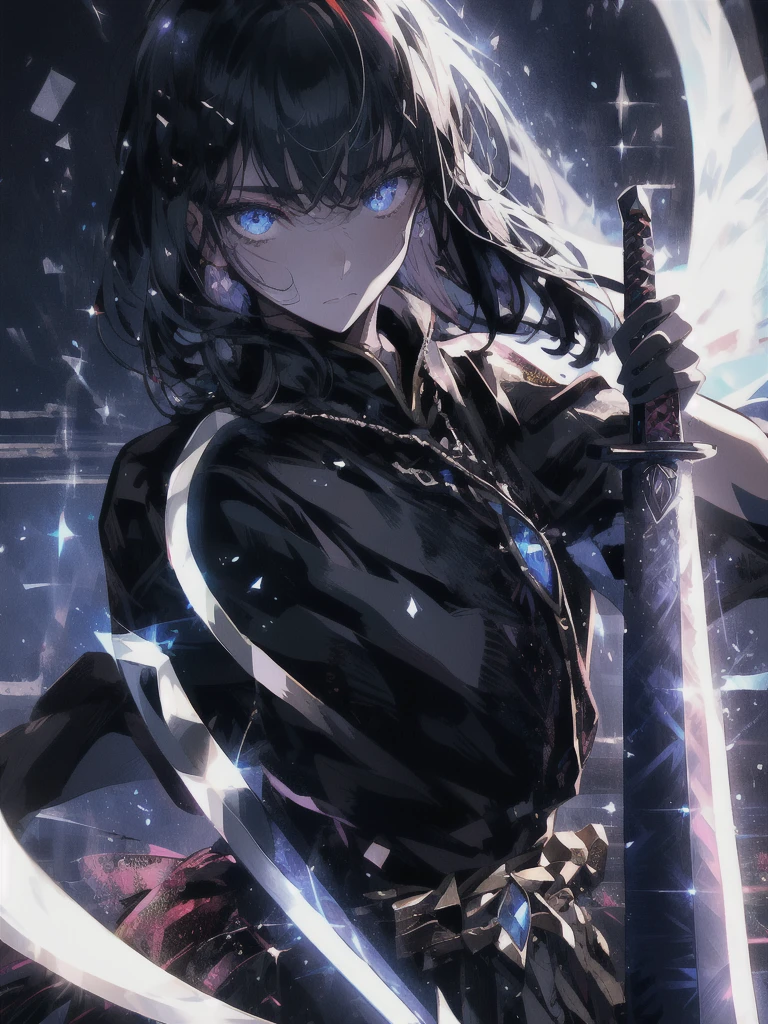 Holding a one-handed sword、Please take the black sword.、((masterpiece, highest quality, Super detailed, High resolution)), alone, beautiful girl, shining eyes, perfect eyes, 15 years old, black white gold theme,
