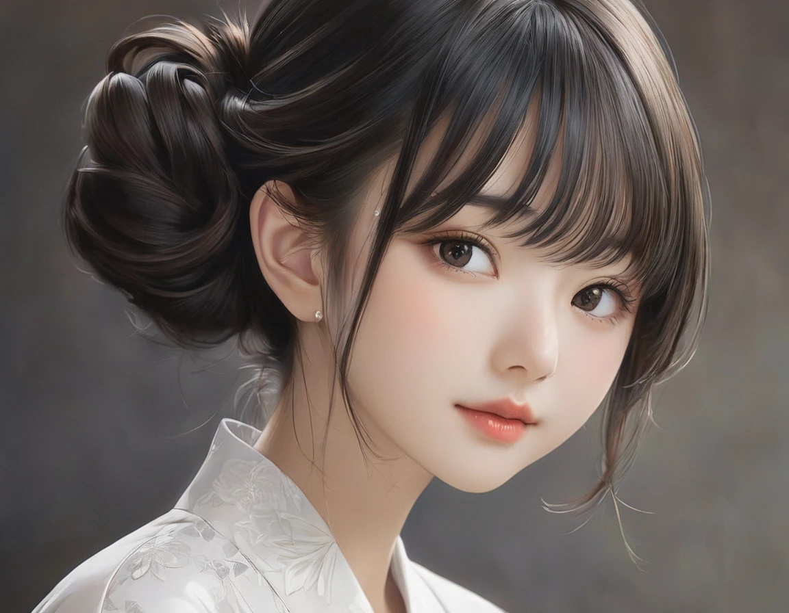 Realistic painting、Best image quality、Cute Japanese、Beautiful Japan、1 person、（Miyu Ozono）18-year-old、Highly detailed faceと肌の質感、sophistication、Highly detailed face、beautiful girl、Bun Hair、Black and white photography、25 year old Japanese woman