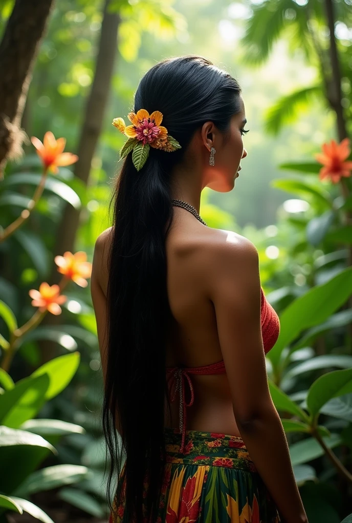 Polynesian woman seen from behind, long hair tied with a barrette , against a jungle background
