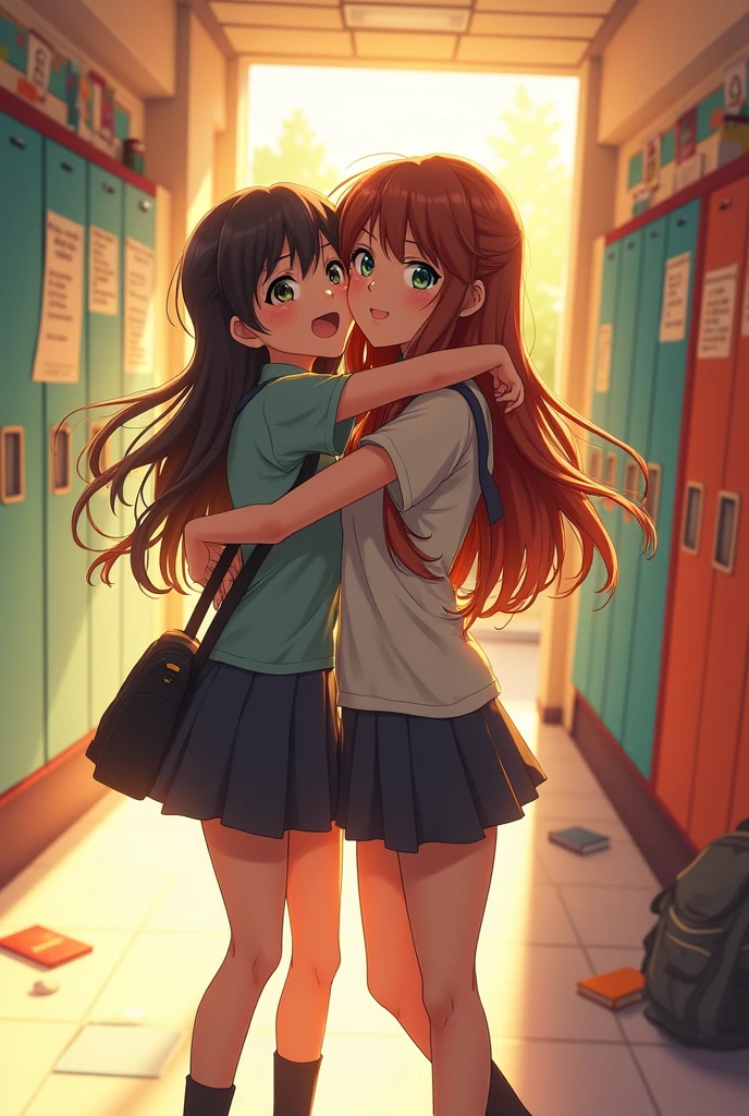 A high school girl is hugged from behind by a middle school girl