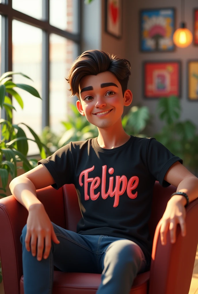 1 Personagens 3d brunette black shirt with name Felipe ofc above histagram icon sitting ......