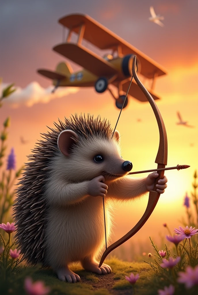 Old hedgehog shooting a bow with an airplane in the background