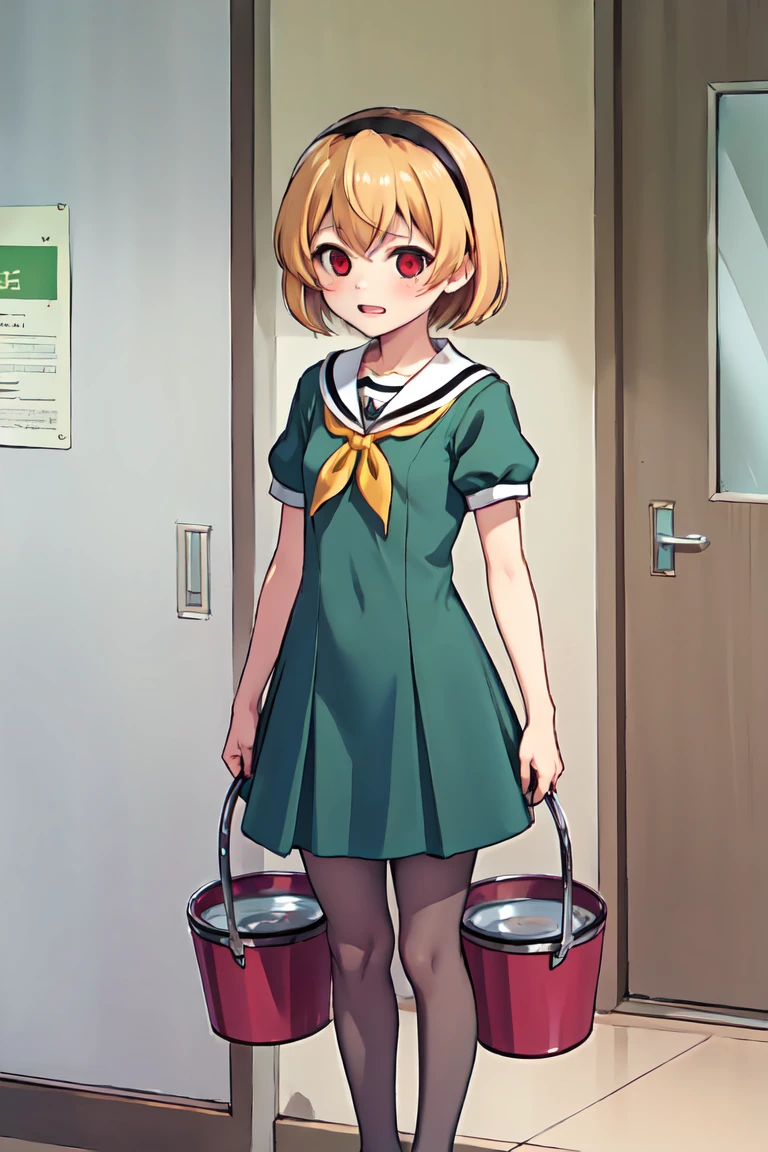 (bucket punishment), masterpiece,Highest quality,One person,Satoko Hojo,Blonde,short hair,hair band,Red eyes,tooth,Green Dress,White sailor collar,Yellow neckerchief,Short sleeve,Puff sleeves,Black Pantyhose,Flat Chest,Are standing, School corridor